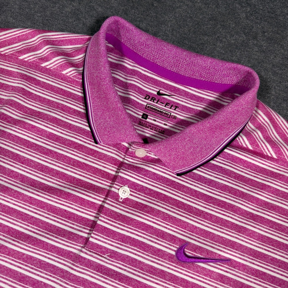 Nike Polo Shirt Mens XL Purple Striped Dri-Fit Performance Golf Athletic Stretch